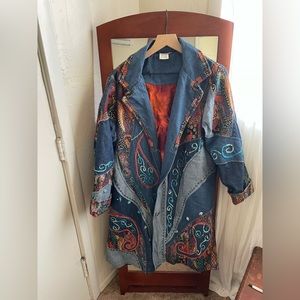 Vintage Patchwork Embroidered Denim Paisley Trench Coat